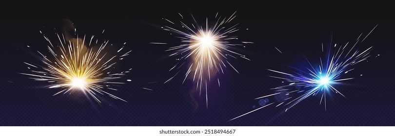 Weld starburst fire and spark effect on dark background. Flare from work of electric welding machine for metal surface. Realistic 3d vector set of sparkler circular flame with flying lightnings.