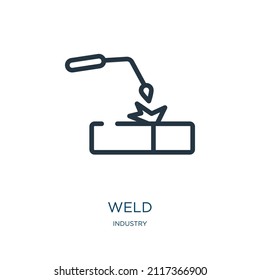 soldadura con icono de línea delgada. soldadura, iconos lineales de trabajo del concepto de la industria, signo de contorno aislado. Elemento de símbolo de ilustración vectorial para diseño web y aplicaciones.