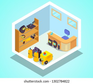 Welded office concept banner. Isometric banner of welded office vector concept for web, giftcard and postcard