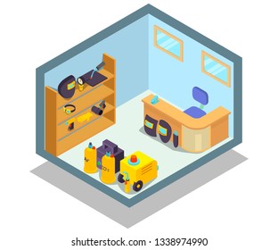 Welded office concept banner. Isometric banner of welded office vector concept for web, giftcard and postcard
