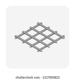Welded wire mesh or weldmesh metal steel vector icon.
That cross wire with spacing by electric fusion welded or prefabricated joined grid.
That construction material for reinforcing concrete slab.