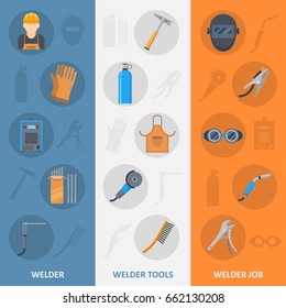 Welder banner icons set. Accessories and equipment for fusing materials, metal together. Skilled professional service poster. Vector flat style cartoon illustration isolated on white background