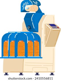 Soldadura con uniforme azul soldadura grandes piezas de metal con máquina. Trabajador industrial con equipo de soldadura ilustración vectorial.