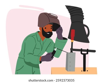 Welder cartoon character working with iron construction using professional industrial equipment scene vector illustration. Steel plant metalworker checking result of his work with special tool