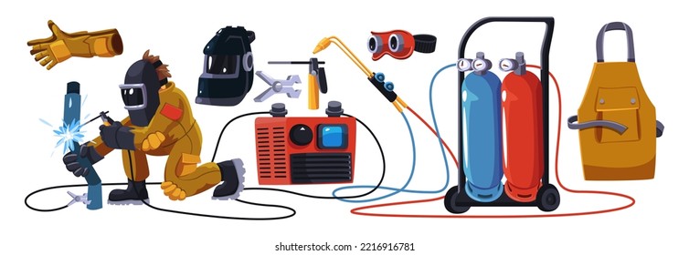 Welder character and equipment vector illustrations set. Cartoon drawings of industrial worker in helmet, plasma cutter, gas welding machine isolated on white background. Welding, professions concept