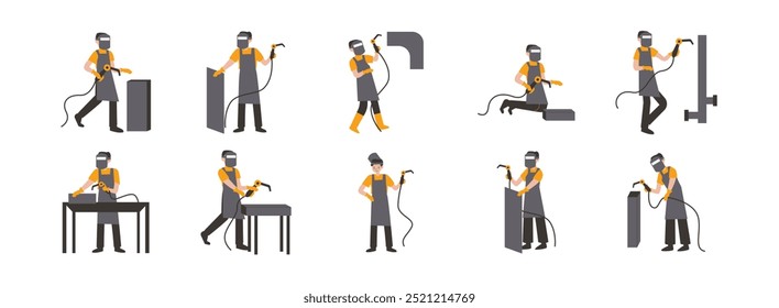 Conjunto de ilustración plana de personaje de soldador. Incluir de ocupación, soldador, industria, carácter, casco, reparación, y técnico. Ilustración vectorial aislada.