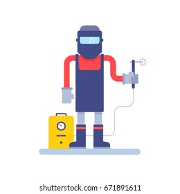 Welder character flat vector illustration. Man with welding machine.