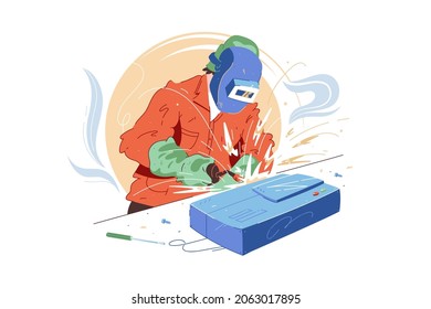 Welder character with welding tool vector illustration. Man in welding mask, jumpsuit and gloves flat style. Handyman, fixer concept