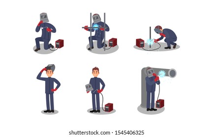 Welder Character Working With Welding Equipment Vector Illustrations