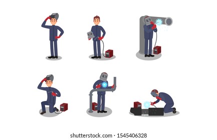 Welder Character Working With Welding Equipment Vector Illustrations