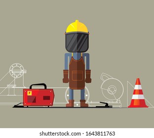 Welder. Zeichentrickfigur eines Bauarbeiters mit Schutzausrüstung für die Warmarbeit. Schweissschürze, Gesichtshülse.