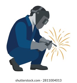 A welder crouches in blue protective gear, welding with sparks flying around him, industrial work scene