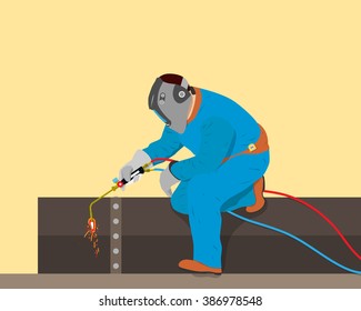 Welder cuts off a piece of iron pipe of the gas burner. Vector illustration