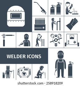 Welder decorative icons black set with worker equipment isolated vector illustration