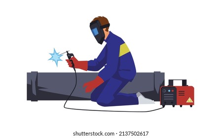 Welder with electrode welding machine working on huge pipe, flat cartoon vector illustration isolated on white background. Metallurgical and welding business.