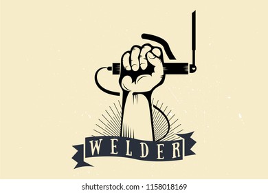 welder, emblem, badge. hand holding a pen with an electrode.