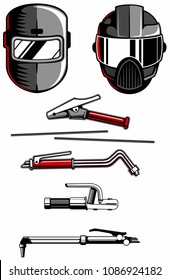 Equipo de soldadura, cascos de soldadura, tenedores de electrodos, cortadoras de gas, equipos de soldadura y corte.Elementos de diseño del logotipo del vector.