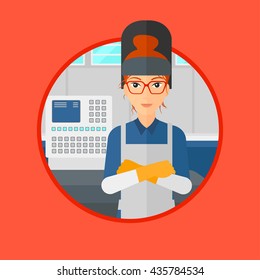 Welder at factory workshop. Industrial worker with protective welder mask. Welder with arms crossed on background of control panel.Vector flat design illustration in the circle isolated on background.