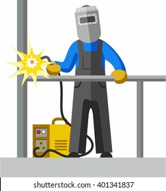 Welder, full-colour picture. The welder welds the pipe. Vector picture. Color flat illustration on white background.  