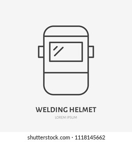Welder helmet flat line icon. Safety metal works sign. Thin linear logo for welding services.