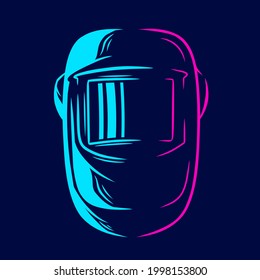 Welder helmet melting industrial protection line pop art potrait logo colorful design with dark background. Abstract vector illustration.Isolated black background for t-shirt, poster, clothing, merch