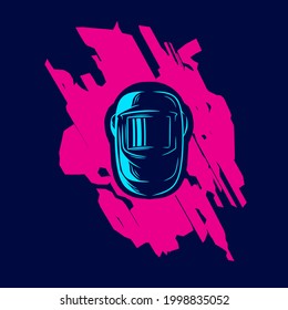 Casco soldador derritiendo línea de protección industrial línea de arte pop retrato logo de diseño colorido con fondo oscuro. Ilustración del vector abstracta.Fondo negro aislado para camisetas, afiches, ropa, mercadería