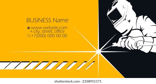 Welder in helmet and welding machine. Business card for welding and welder