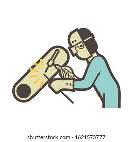 Welder icon. Include welding tool, mask, steel or metal work in manufacturing and production industry. Also use as man worker, labor who use weld technical to repair, fabrication and joint material.