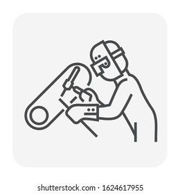 Welder icon. Include welding tool, mask, steel or metal pipe in pipeline construction and production industry. Also use as man worker, labor who use weld technical to repair, fabrication pipeline.