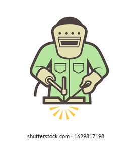 Welder icon. Include welding tool, mask, steel or metal work in manufacturing and production industry. Also use as man worker, labor who use weld technical to repair, fabrication and joint material.