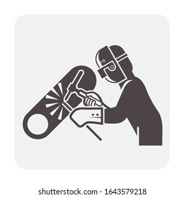 Welder icon. Include welding tool, mask, steel or metal work in manufacturing and production industry. Also use as man worker, labor who use weld technical to repair, fabrication and joint material.