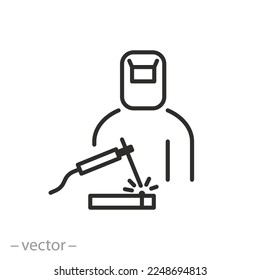 icono de soldadura, trabajo de soldadura, profesión de maniquí, símbolo de línea delgada sobre fondo blanco - ilustración de vector de trazo editable