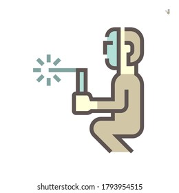 Welder icon and sitting working. Include welding tool, mask, steel or metal work in manufacturing and production industry. Also use as worker, labor who use welding engineering technology. 64x64 px.