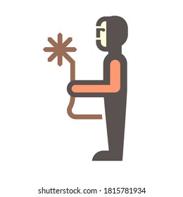 Welder icon and standing welding work. Include welding tool, mask, steel or metal work in manufacturing and production industry. Also use as man worker, labor who use welding engineering technology.
