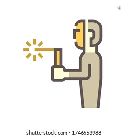 Welder icon and standing working. Include welding tool, mask, steel or metal work in manufacturing and production industry. Also use as worker, labor who use welding engineering technology. 64x64 px.