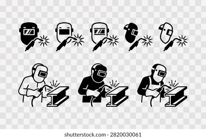 Welder icons set, professional welding work, worker with welding mask and equipment, industrial manufacturing
