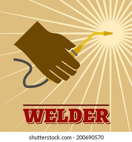 Welder industry retro poster with welding machine and spark vector illustration.