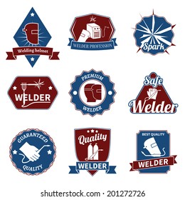 Welder industry worker instrument premium quality labels set isolated vector illustration.