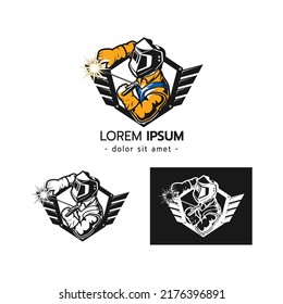 Welder Logo Template,Welding Company Logo Design, Welder Working With Weld Helmet On White Background Vector Illustration