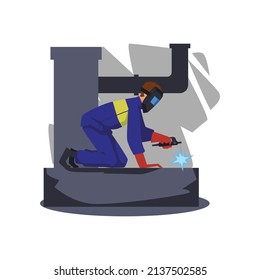 Welder man in blue protective uniform and welding mask weld metal at construction site or in factory, flat cartoon vector illustration isolated on white background.