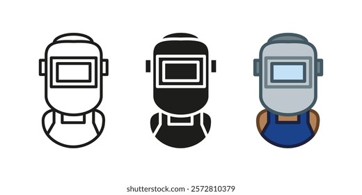 Welder man icon. Welding protective mask vector illustration. Construction worker uniform symbol. Industrial builder person sign. Engineer, repairman and technician pictogram. Weld spark protection.