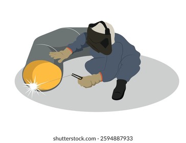 welder man with ppe equipment working on huge pipe welding, vector illustration.