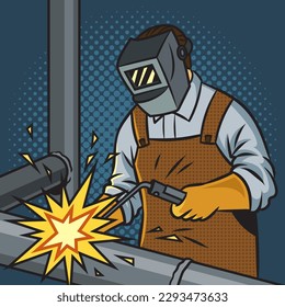 welder man at work pinup pop art retro vector illustration. Comic book style imitation.