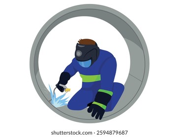 welder man working on huge pipe welding, vector illustration.