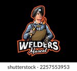Welder Mascot Logo Design. Skilled Welder with Welding Mask and Tools, Industrial Welder with Welding Mask and Torches