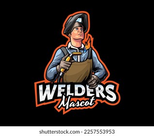 Welder Mascot Logo Design. Skilled Welder with Welding Mask and Tools, Industrial Welder with Welding Mask and Torches