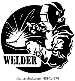 Welder in the mask connects electric welding metal, vector illustration
