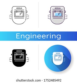 Welder mask icon. Headgear to work on engineering job. Labor safety for constructor. Face steel helmet to work on heavy production. Linear black and RGB color styles. Isolated vector illustrations