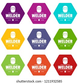 Welder mask icons 9 set coloful isolated on white for web