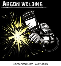 Welder In A Mask Performing Argon Welding Of The Metal. Black Background. Vector Illustration